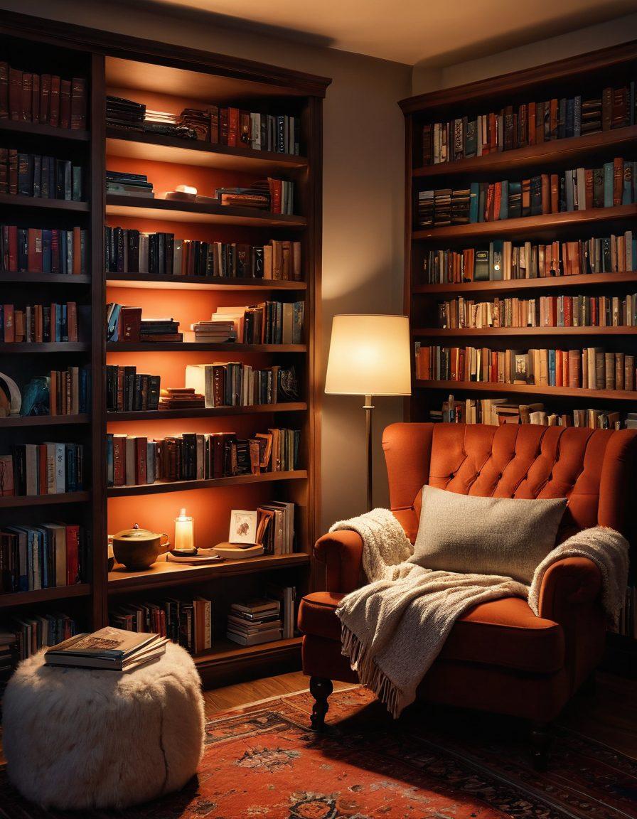 A cozy reading nook featuring a large bookshelf filled with diverse books, an inviting armchair with a warm blanket, a steaming cup of tea on a side table, and a laptop displaying interactive book resources. The scene is illuminated by soft, warm lighting to create an inviting atmosphere for readers. super-realistic. vibrant colors. cozy ambiance.