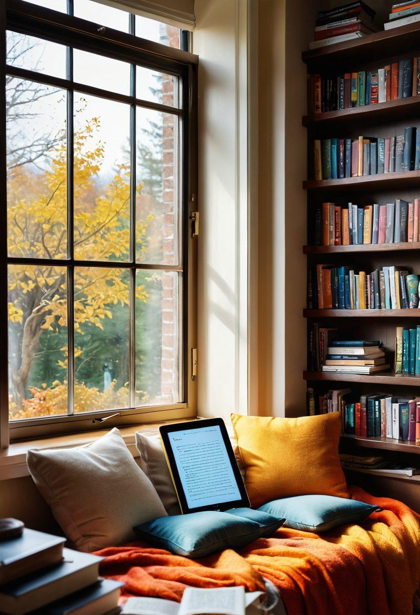 A cozy reading nook filled with colorful bookshelves, soft pillows, and a warm blanket, inviting readers to dive into the joy of literature. A digital tablet is placed in the foreground, displaying a vibrant e-book screen, surrounded by steaming cups of tea and scattered bookmarks. Sunlight streams in through a window, illuminating the space with a golden glow. super-realistic. vibrant colors.